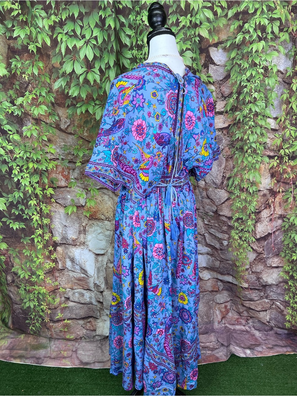 FABRIK Blue Bohemian Floral Tasseled Maxi Dress with Kimono Sleeves, S - Picture 7 of 13